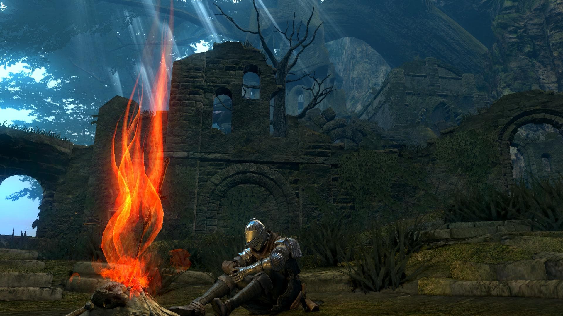 Um cavaleiro descansa ao lado da fogueira no Santuário do Elo de Fogo, em Dark Souls.