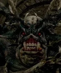 Detalhe dos olhos, gengivas e dentes do Demônio do Asilo
