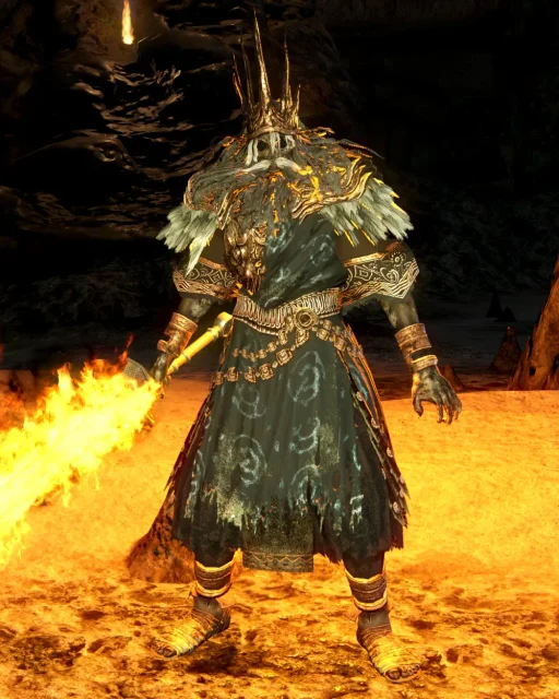 Gwyn na Fornalha da Primeira Chama, com a espada envolta em fogo.