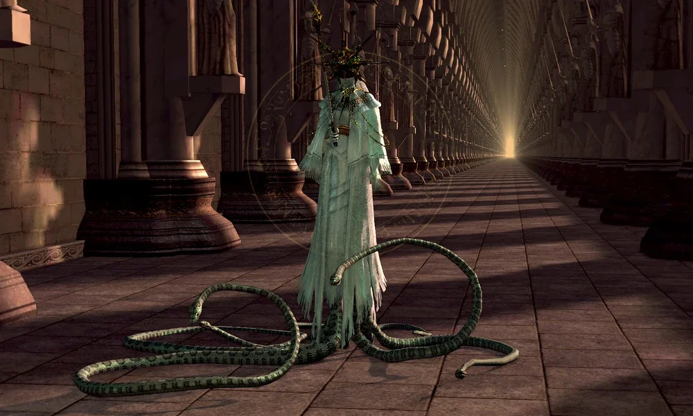 Gwyndolin no corredor do túmulo, onde alterna projéteis e teleportes.