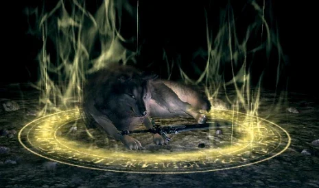 Sif protegido pela barreira deixada por Artorias nas profundezas de Oolacile.